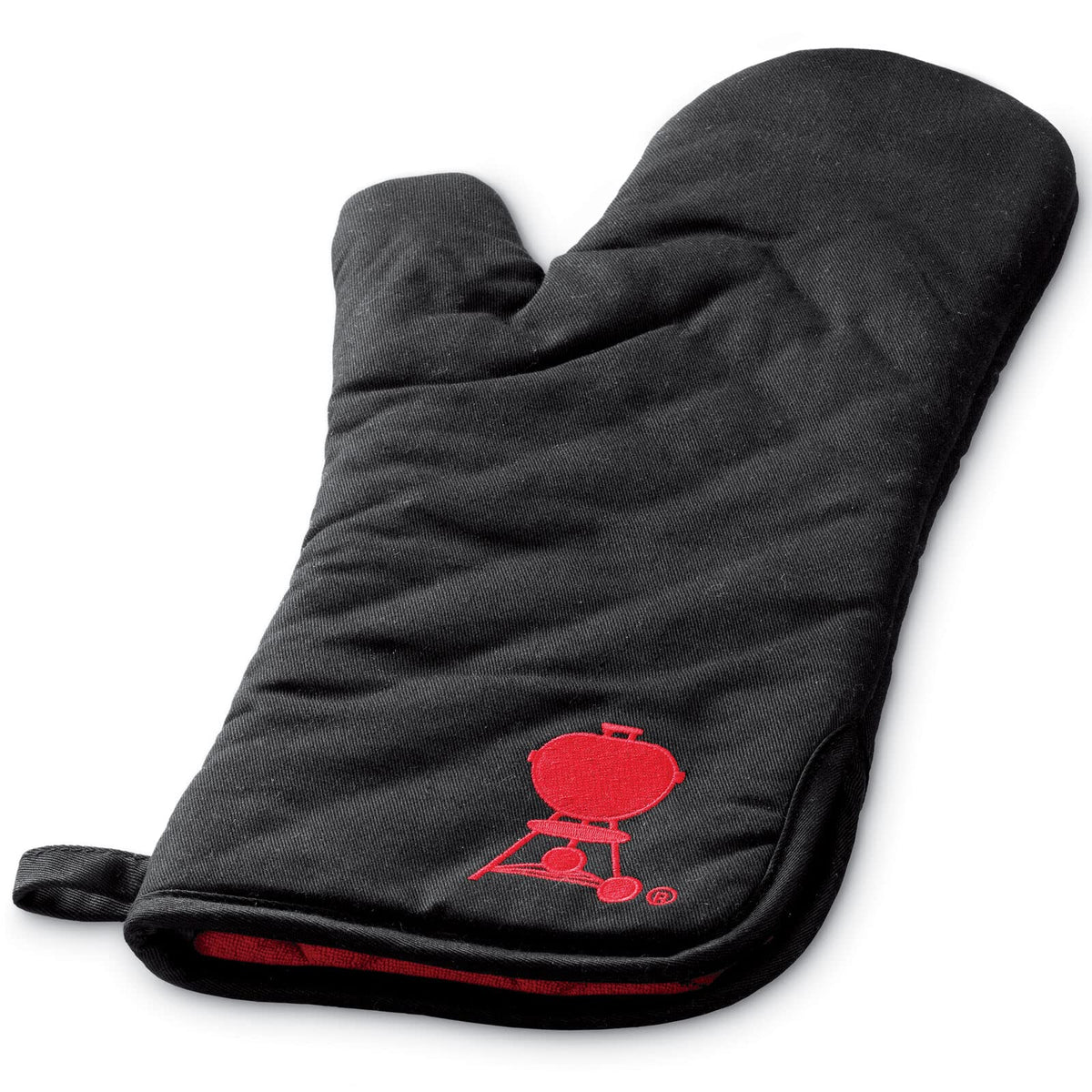 Weber barbecue mitt with black cotton and red kettle embroidery for stylish protection.