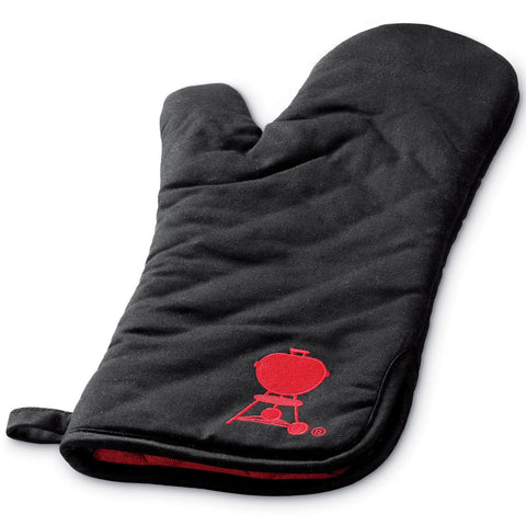 Weber barbecue mitt features red kettle embroidery for a classic grill look.