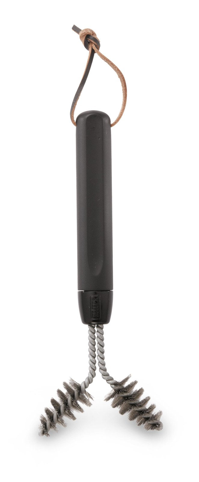Weber cast-iron brush handle grip for easy leverage during under-grate cleaning.