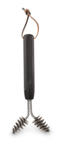 Weber cast-iron brush handle grip for easy leverage during under-grate cleaning.