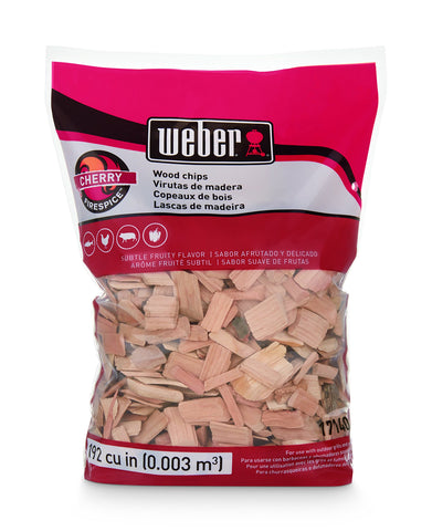 Weber Cherry Wood Chips 2lb bag packaging for convenient grilling flavor.