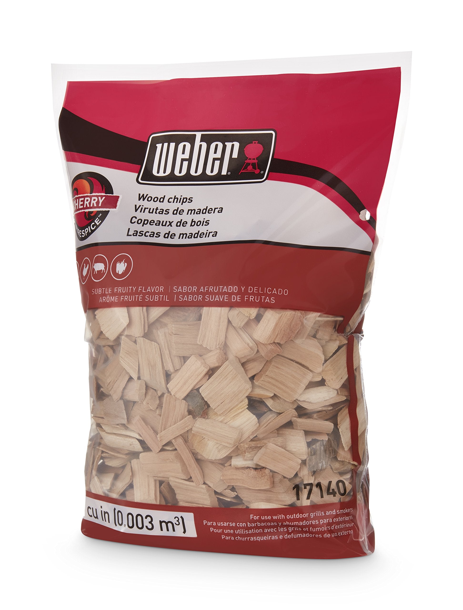 Weber Cherry Wood Chips on grill delivering subtle fruity smoke for enhanced flavor.