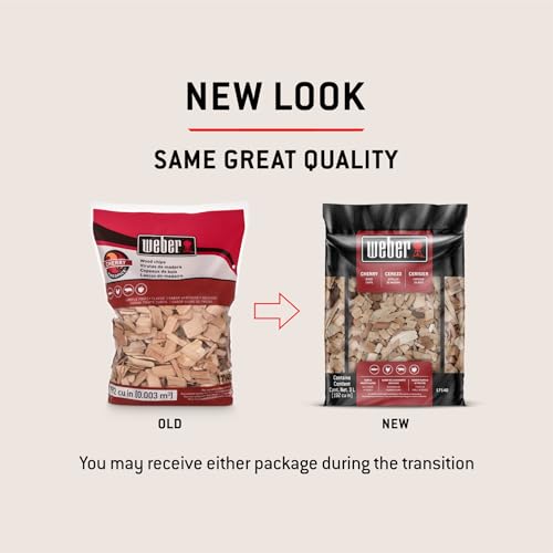 Weber Cherry Wood Chips pouring from bag for quick setup, delivering smoky aroma.