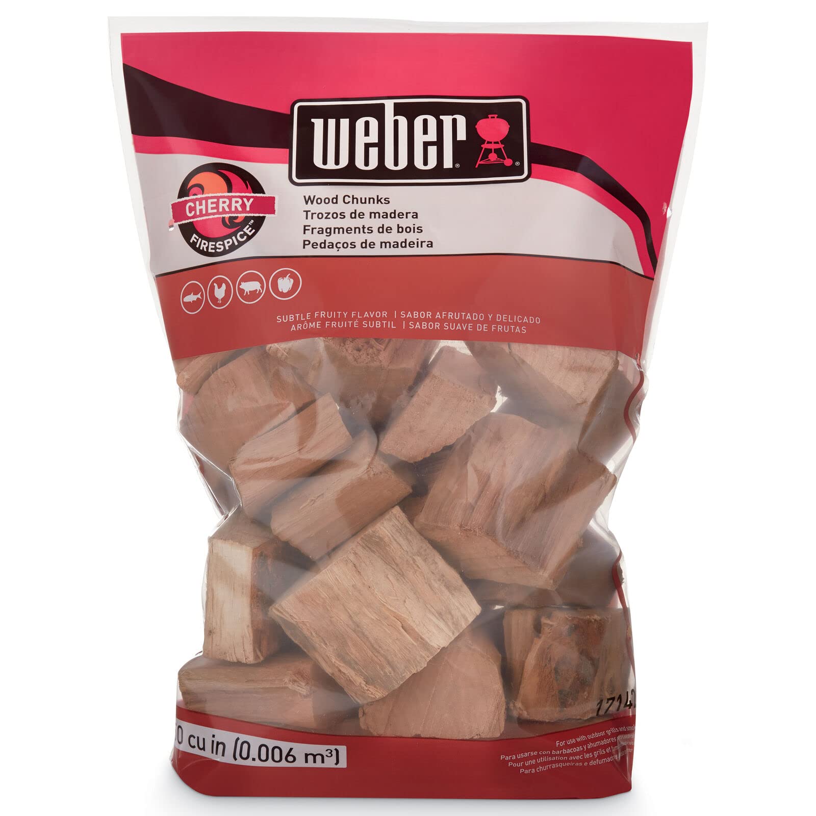 Weber Cherry Wood Chunks bag releasing a subtle fruity aroma for grilling.