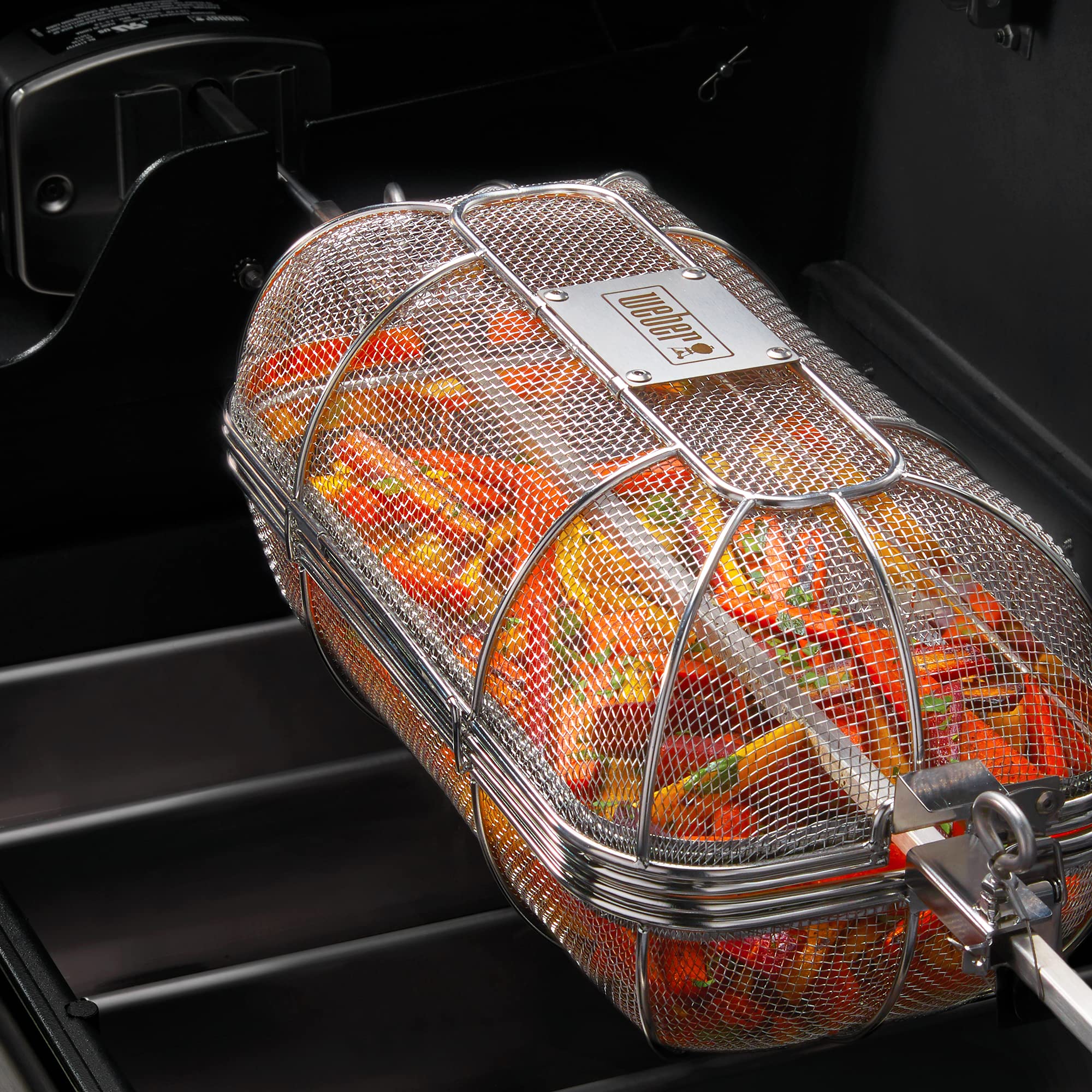Weber Crafted Rotisserie Crisping Basket producing crispy fries on the grill