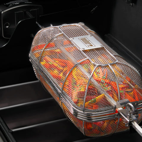 Weber Crafted Rotisserie Crisping Basket producing crispy fries on the grill