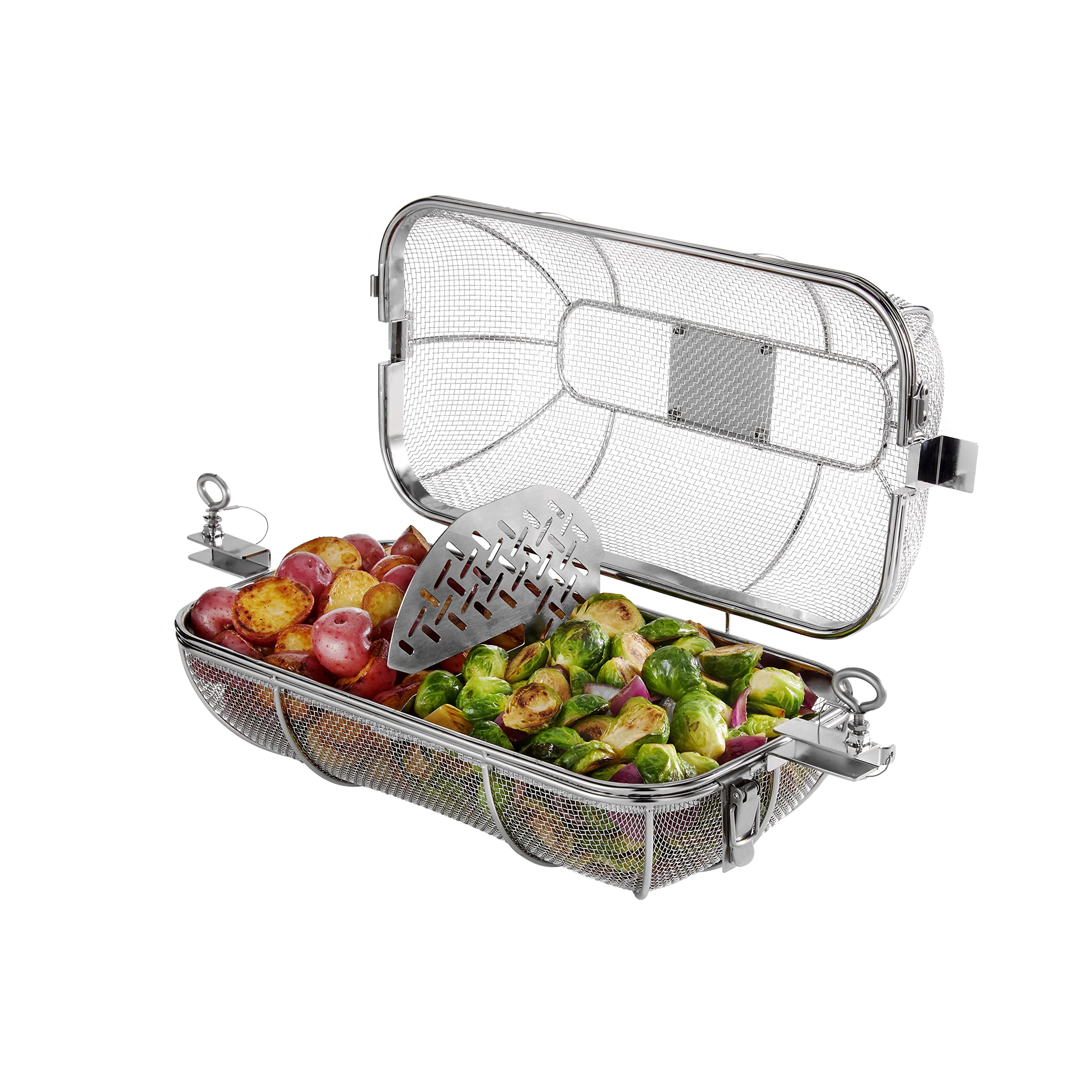 Weber Crafted Rotisserie Crisping Basket showing easy installation on a rotisserie