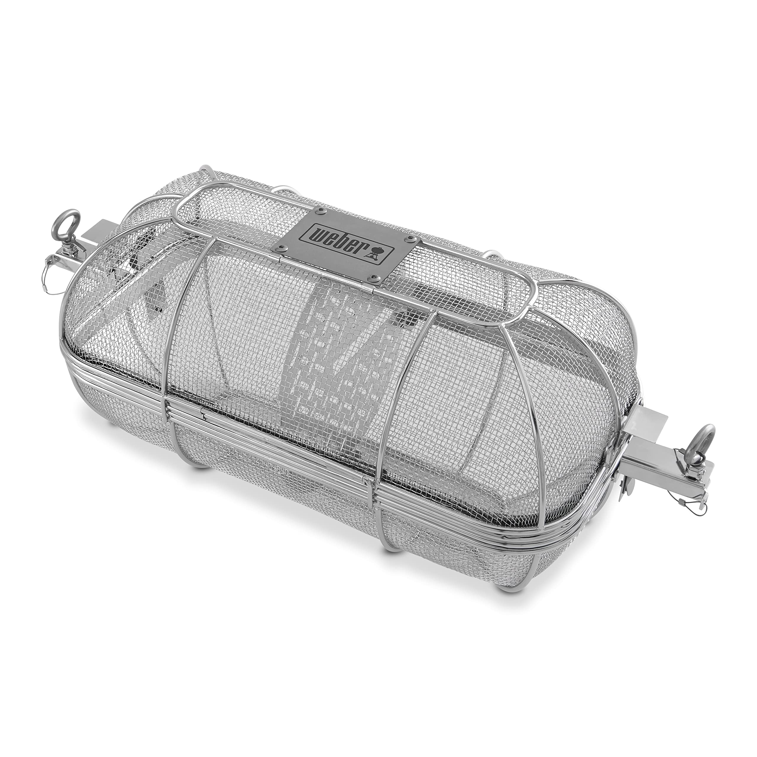 Weber Crafted Rotisserie Crisping Basket on a grill spit for even crisping