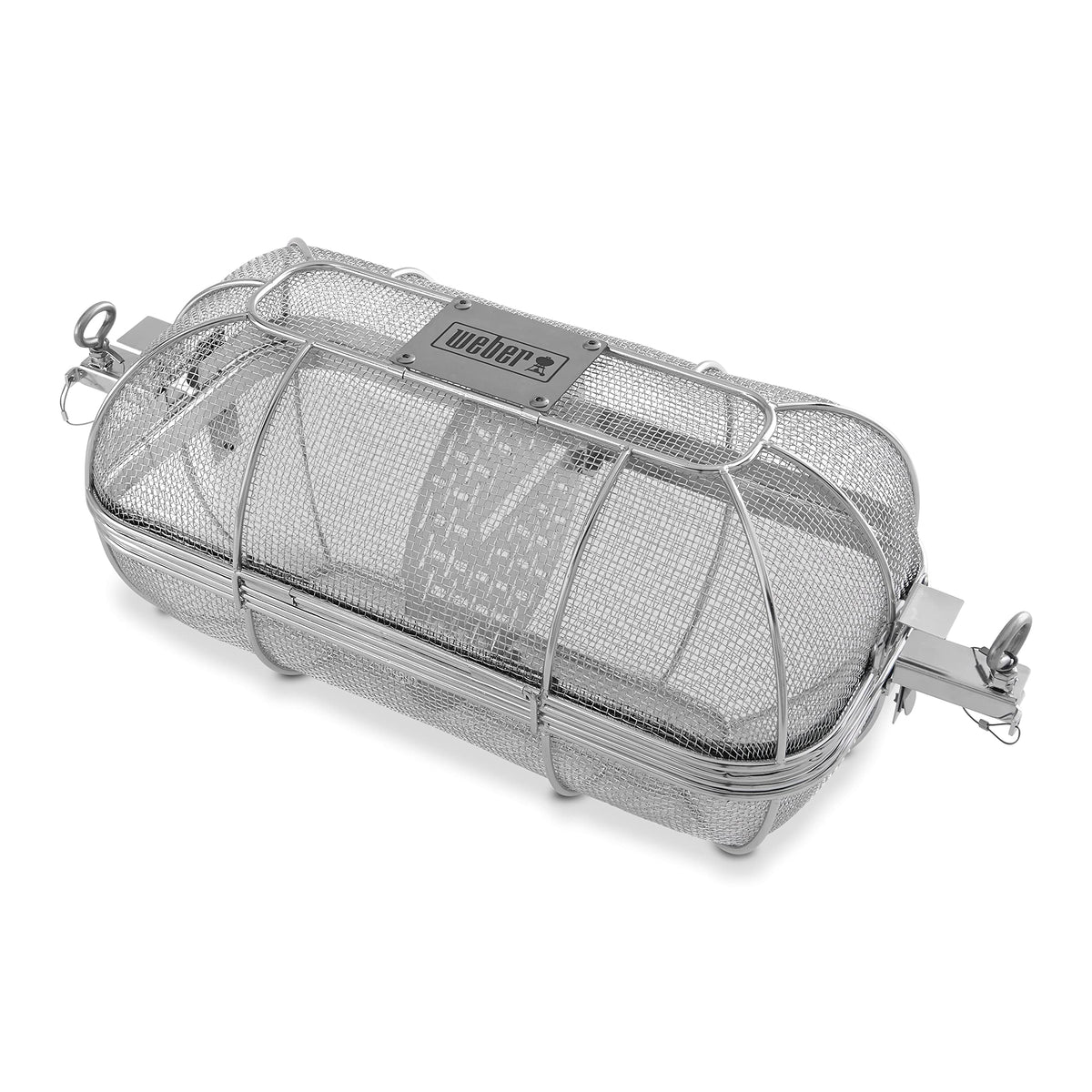 Weber Crafted Rotisserie Crisping Basket on a grill spit for even crisping