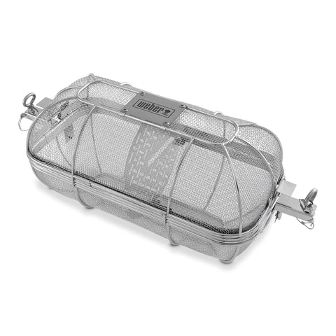 Weber Crafted Rotisserie Crisping Basket on a grill spit for even crisping