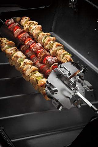Weber Crafted Rotisserie Skewers attach to the spit for quick kebab setup.
