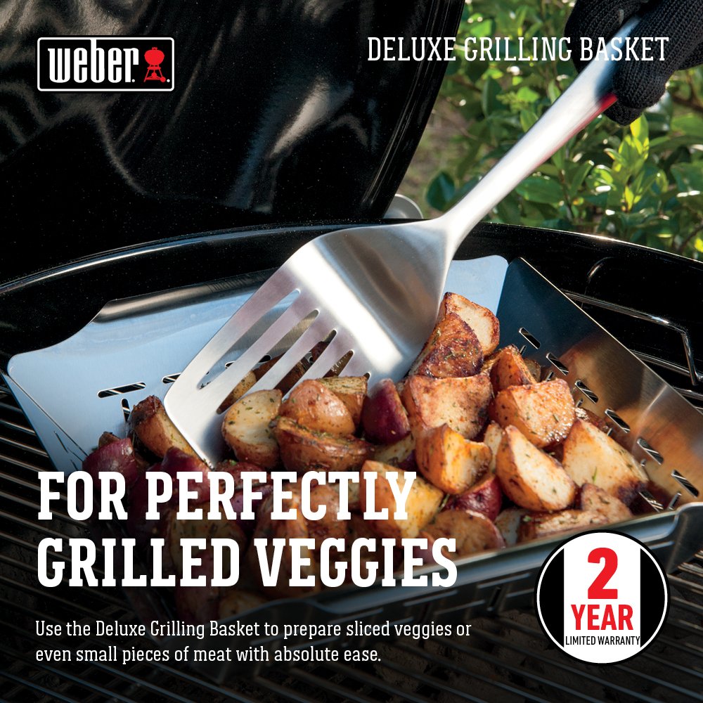 Weber Deluxe Grilling Basket small foods helps brown bite-sized pieces evenly.