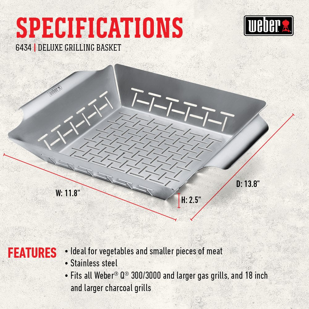 Weber Deluxe Grilling Basket stainless steel construction for durable, reusable grilling.
