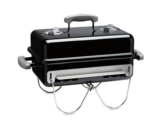 Weber Go-Anywhere 2-piece cooking grate enabling mid-burn charcoal boost.