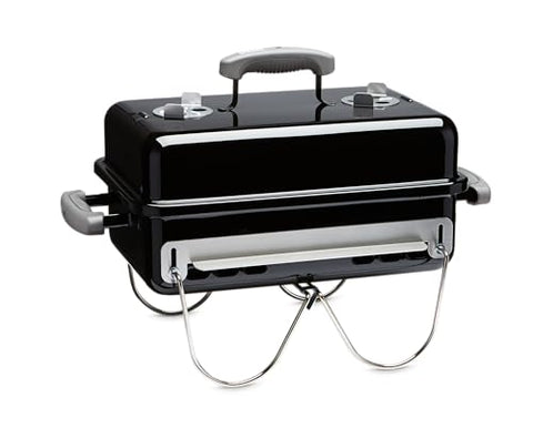 Weber Go-Anywhere 2-piece cooking grate enabling mid-burn charcoal boost.