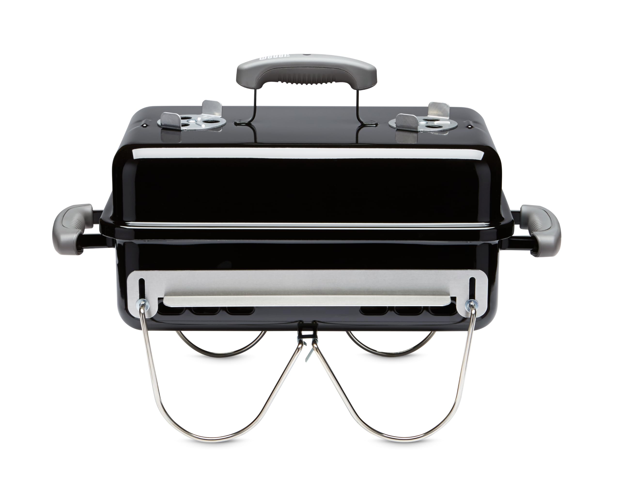 Weber Go-Anywhere grill closed for transport, ideal for camping and travel.