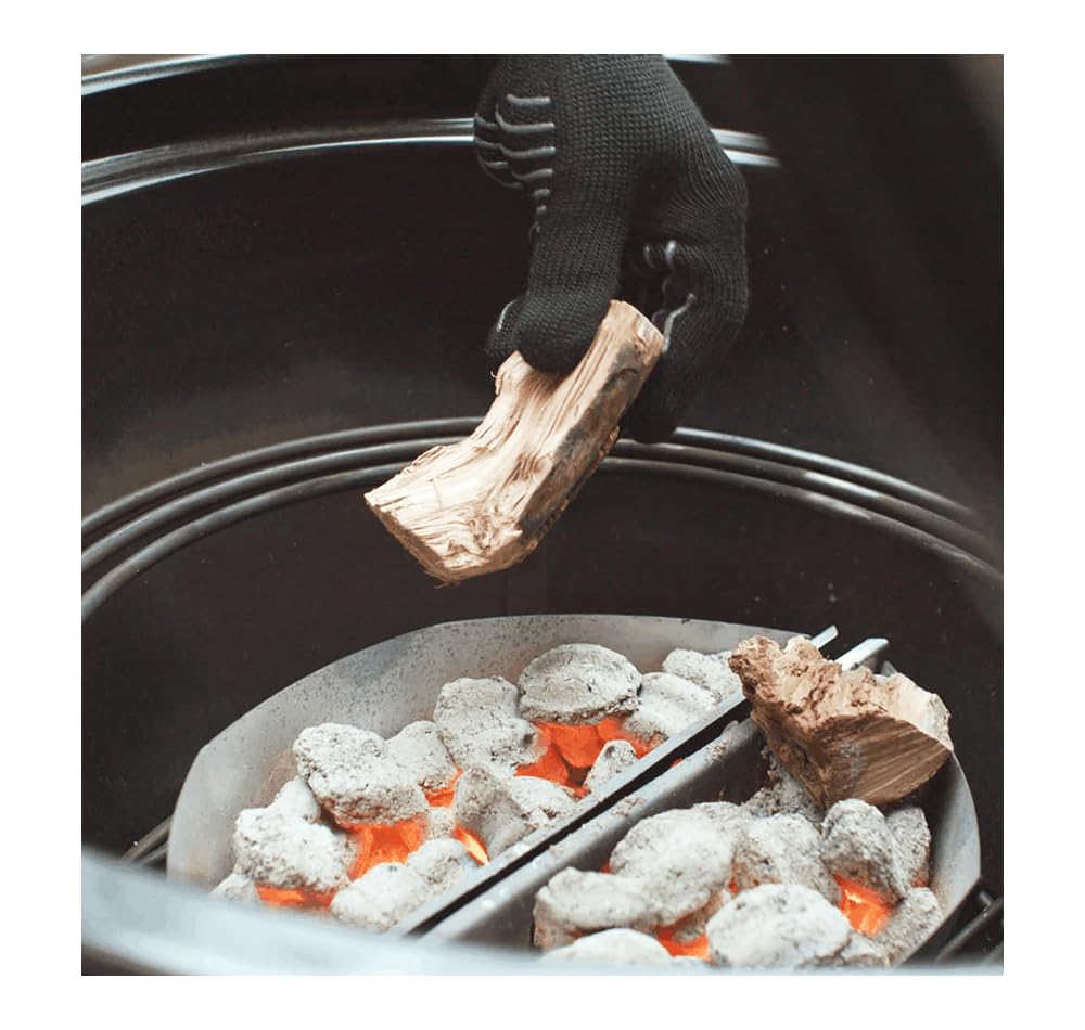 Weber grill accessory mounted on kettle creates an efficient prep area.