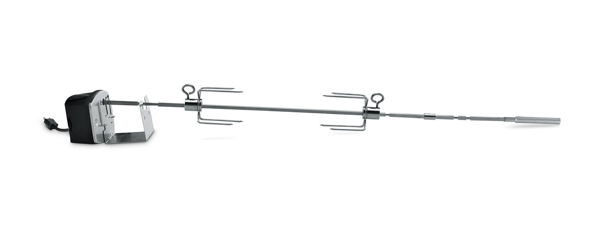 Weber rotisserie kit spit rod for even cooking and self-basting.