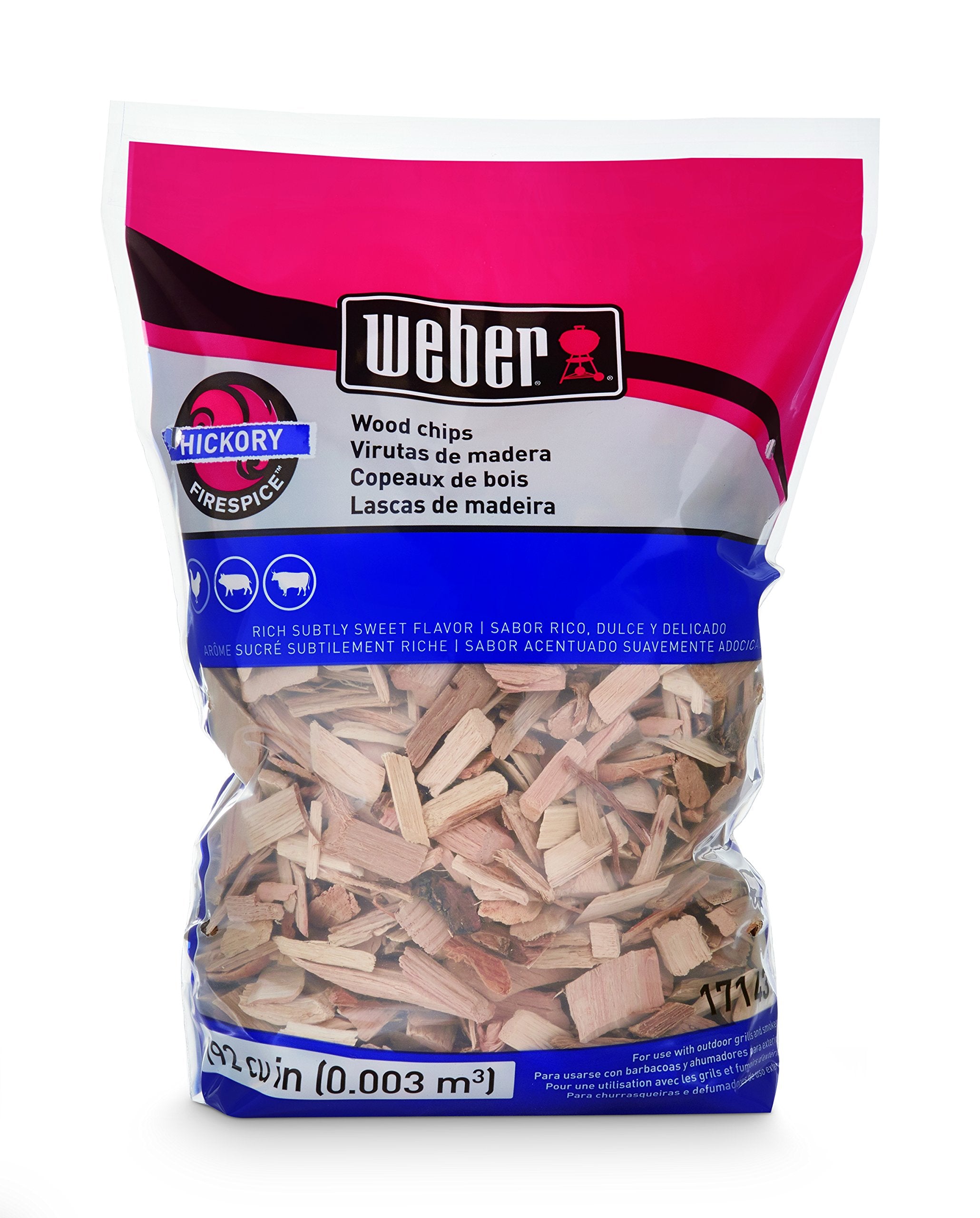 Weber Hickory smoked wood chips bag enhances grilling flavor.