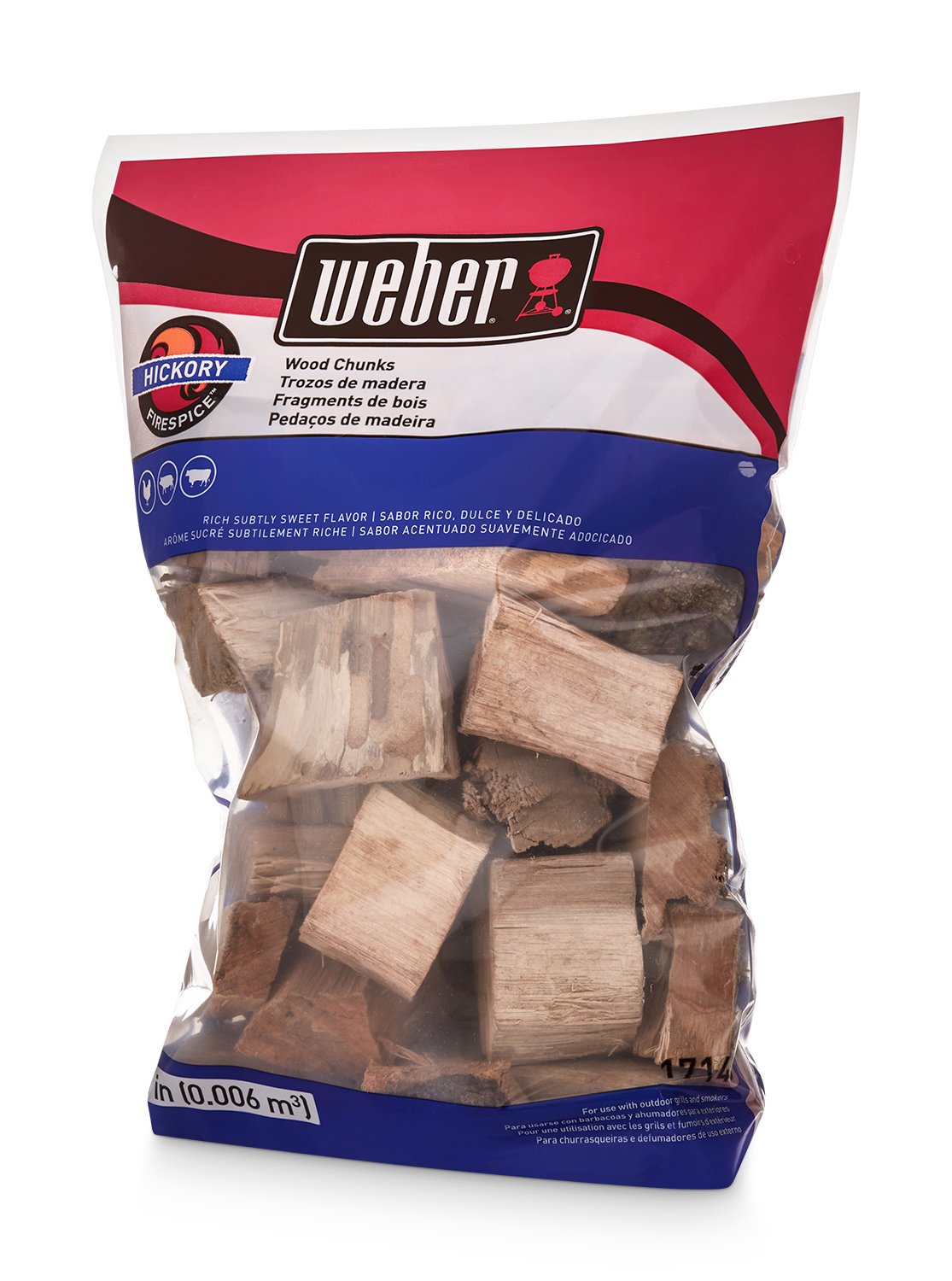 Weber Hickory wood chunks bag—rich, subtly sweet smoke for beef and pork.