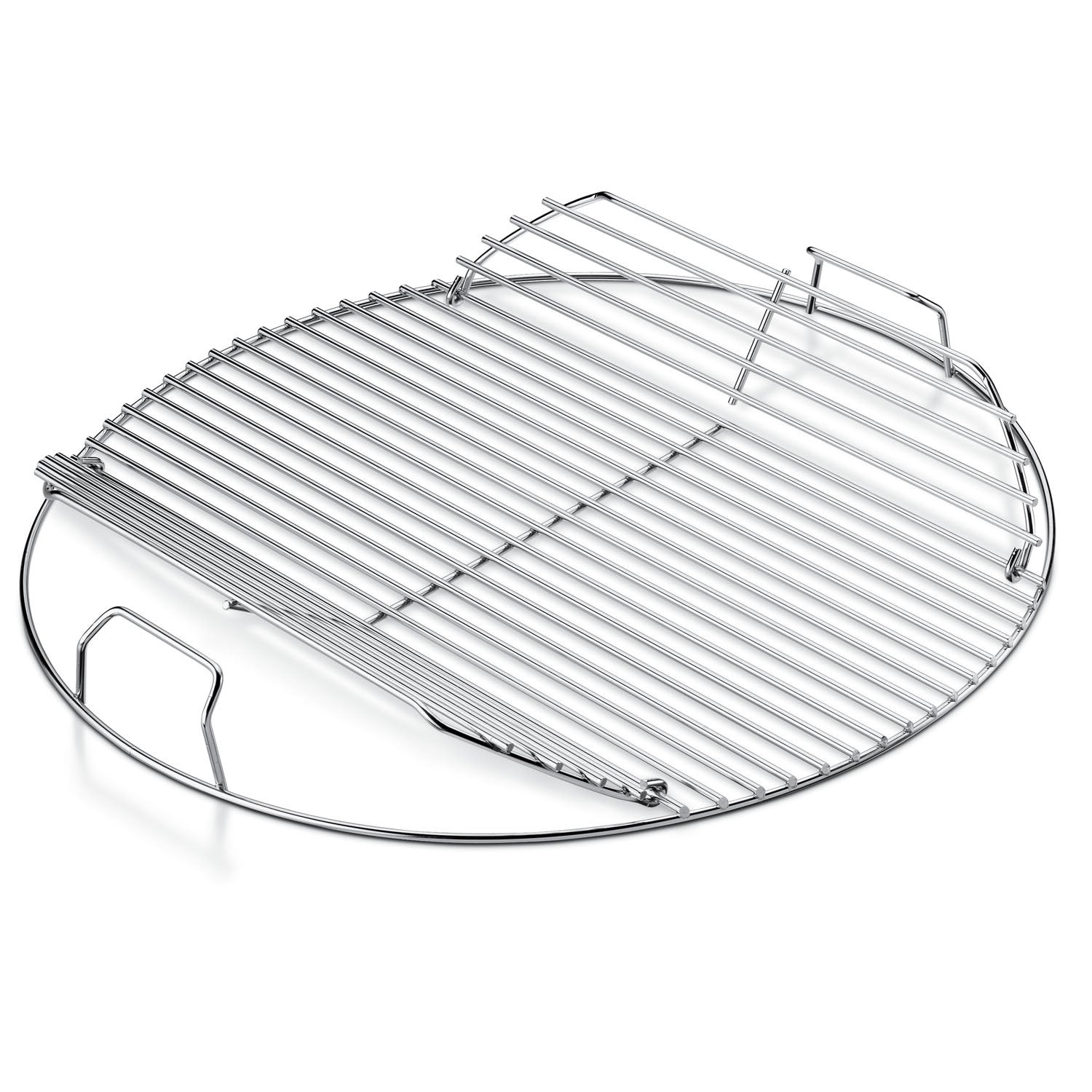 Weber Hinged Cooking Grate top view highlights durable plated steel construction for grilling.