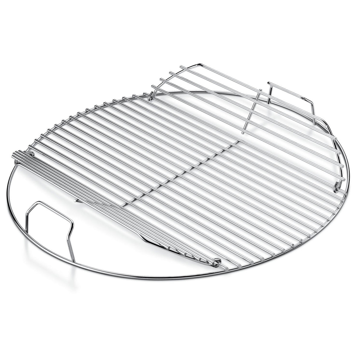 Weber Hinged Cooking Grate top view highlights durable plated steel construction for grilling.