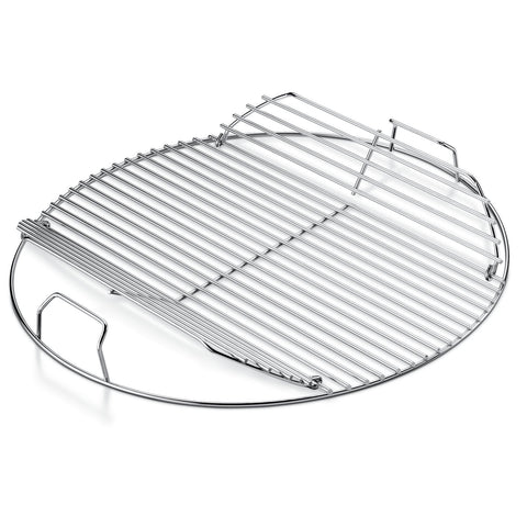 Weber Hinged Cooking Grate top view highlights durable plated steel construction for grilling.