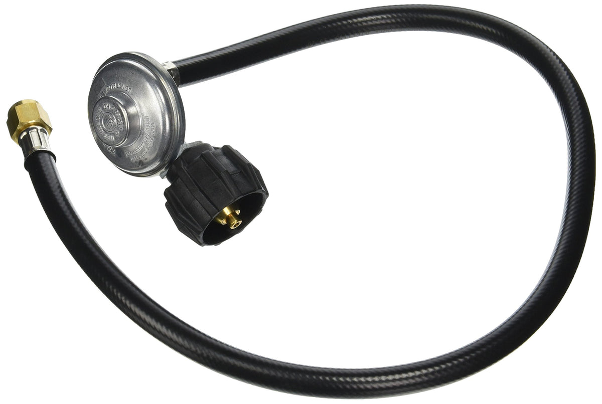 Weber hose and regulator attached to Genesis front-controls for consistent heat.
