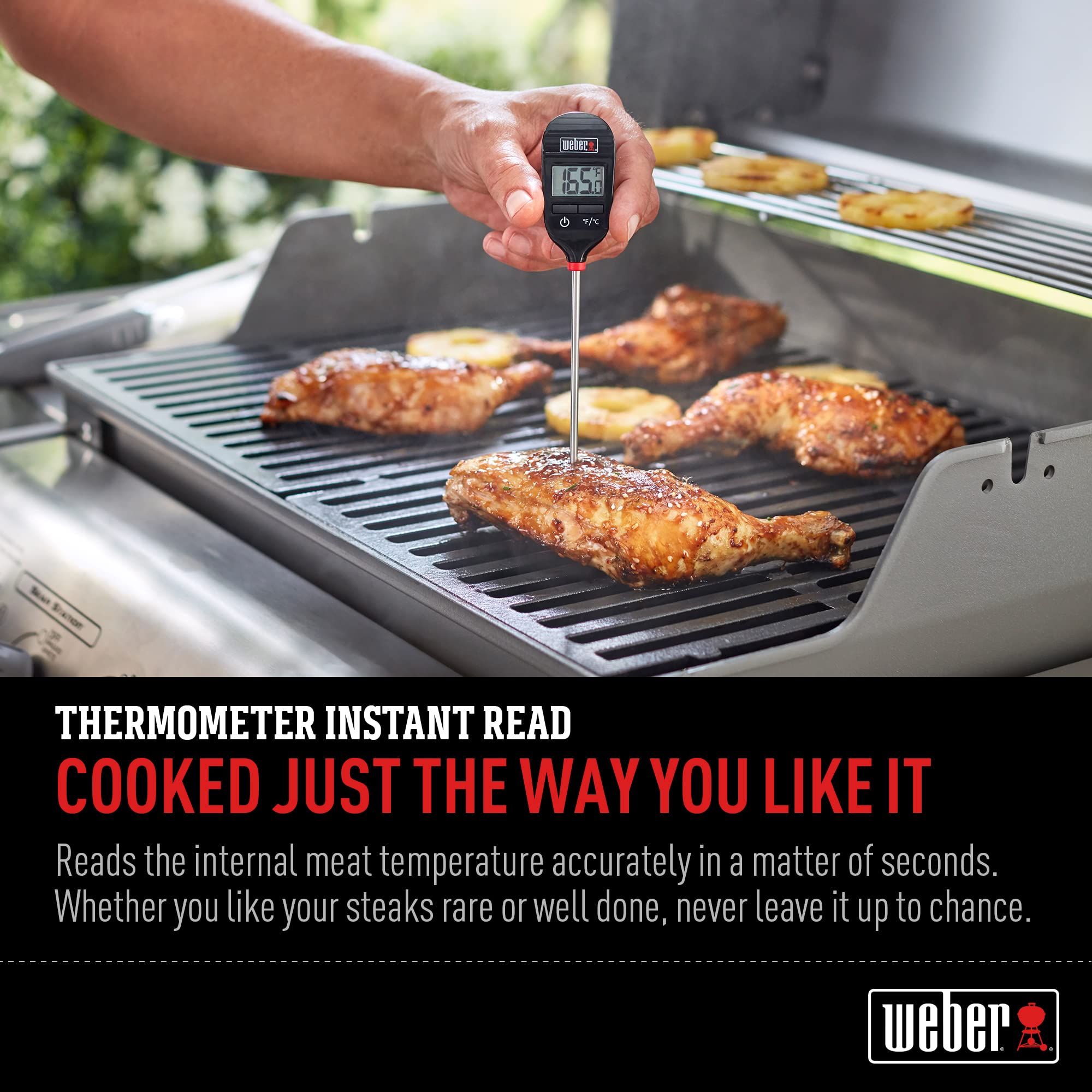 Weber Instant-Read Thermometer Probe digital display close-up for precise temp tracking