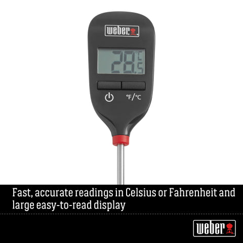 Weber Instant-Read Thermometer Probe in use on grill for fast temp check