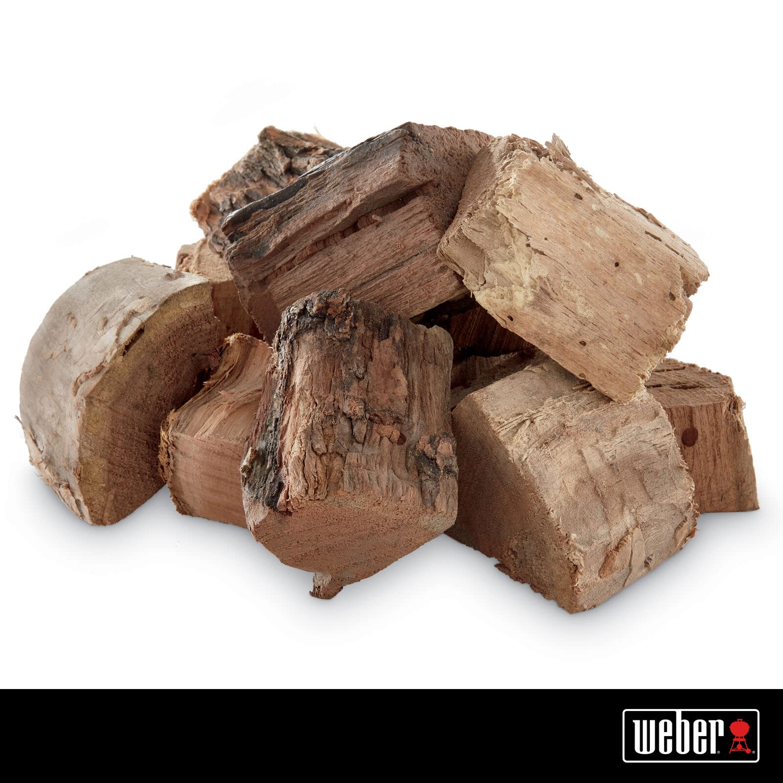 Weber Mesquite wood chunks bag closeup showing chunky texture for steady heat