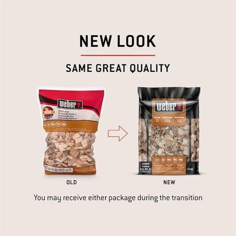 Weber Pecan Wood Chips bag back showing meat compatibility for versatile grilling