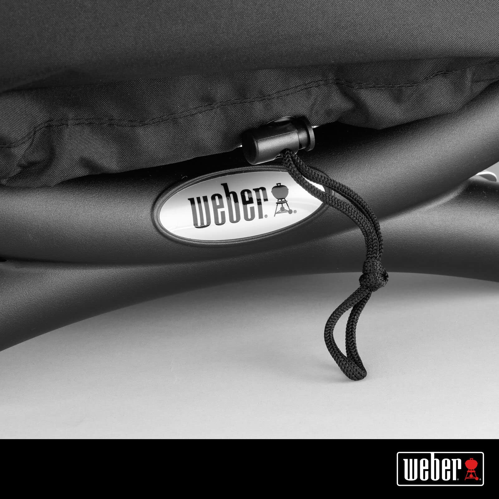 Weber Premium Bonnet Cover Q1000/100 in black, drawstring close-up demonstrates secure fit