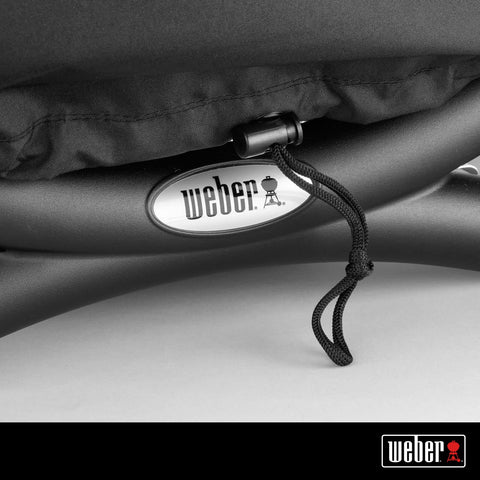 Weber Premium Bonnet Cover Q1000/100 in black, drawstring close-up demonstrates secure fit