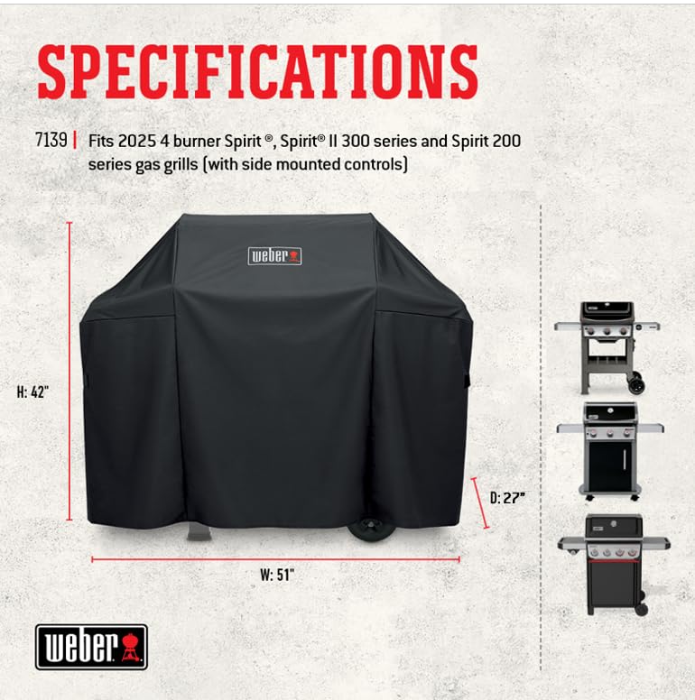 Weber grill cover with secure straps stays in place during windy days.