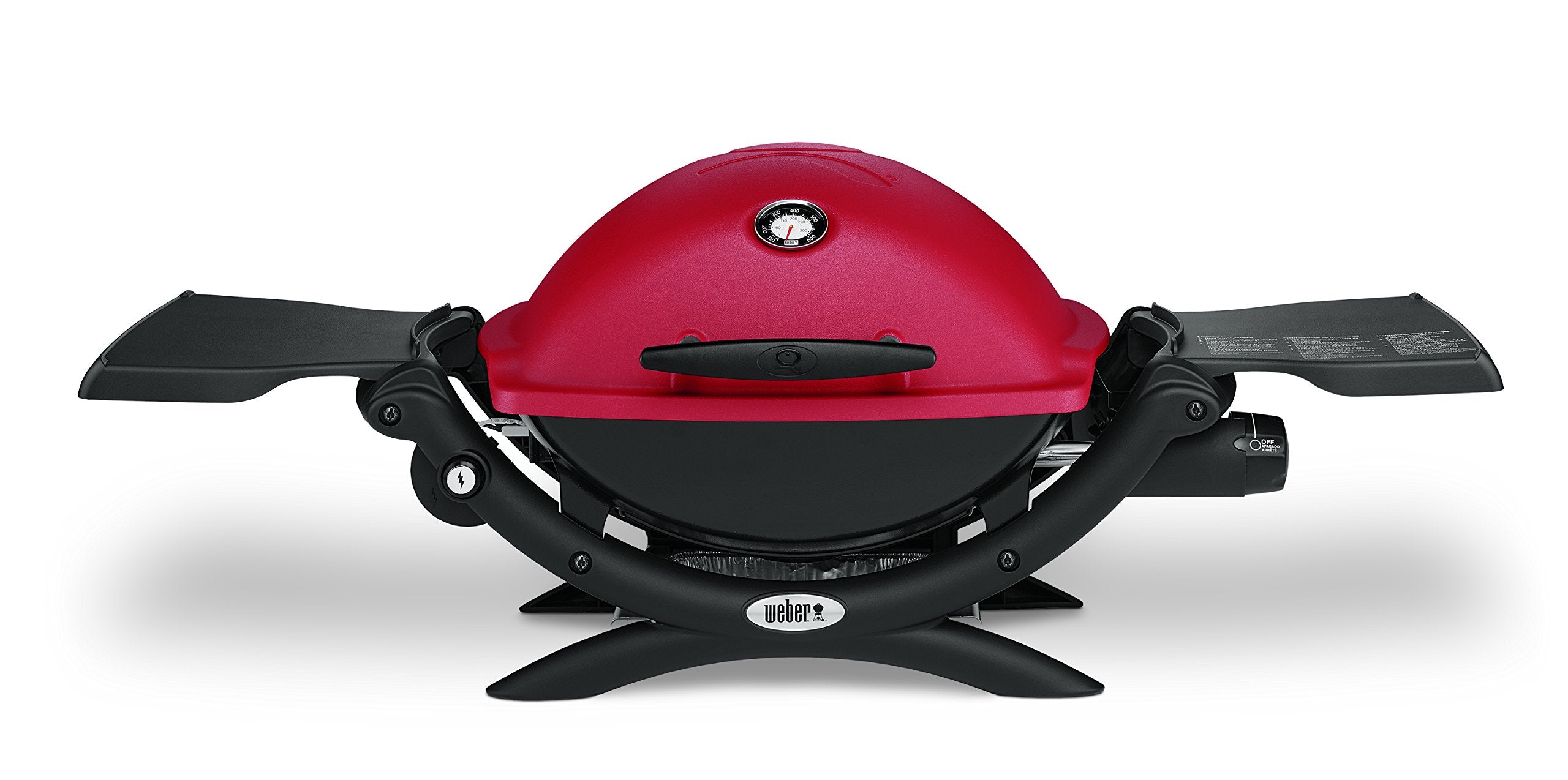 Weber Q1200 red lid closed, compact portable grill for travel
