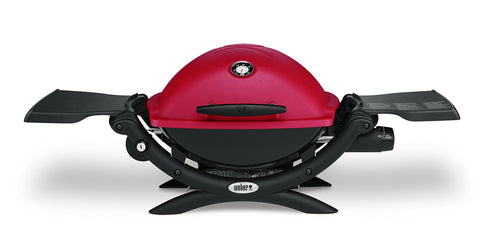 Weber Q1200 red lid closed, compact portable grill for travel