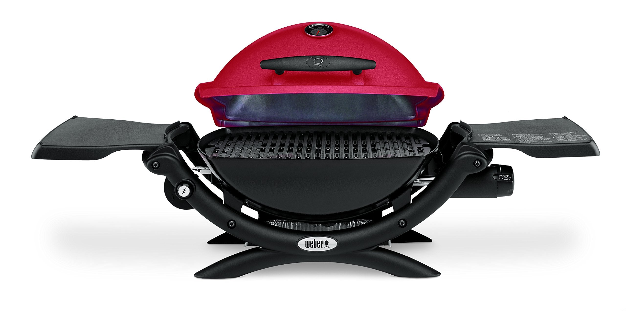 Weber Q1200 red lid open for quick grilling