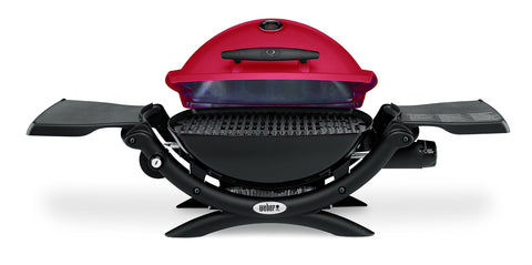 Weber Q1200 red lid open for quick grilling