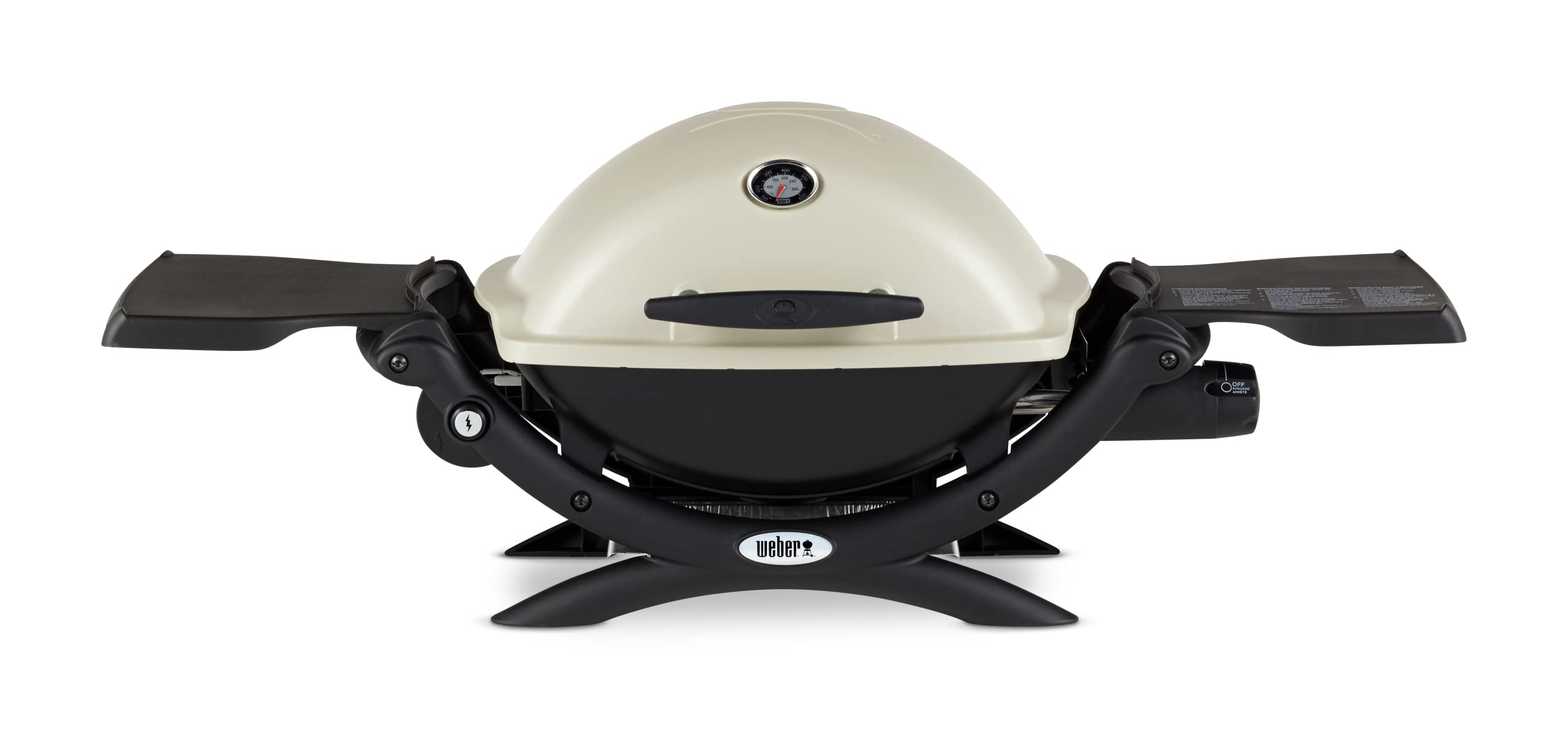 Weber Q1200 titanium travel grill with cast-iron grates for even heat