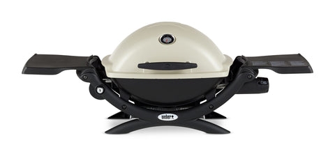 Weber Q1200 titanium travel grill with cast-iron grates for even heat