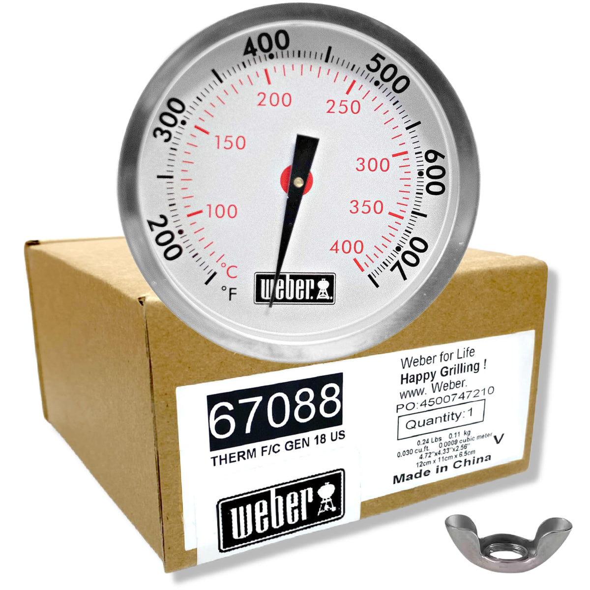 Weber 67088 center-mount thermometer provides accurate grill temperature readout.