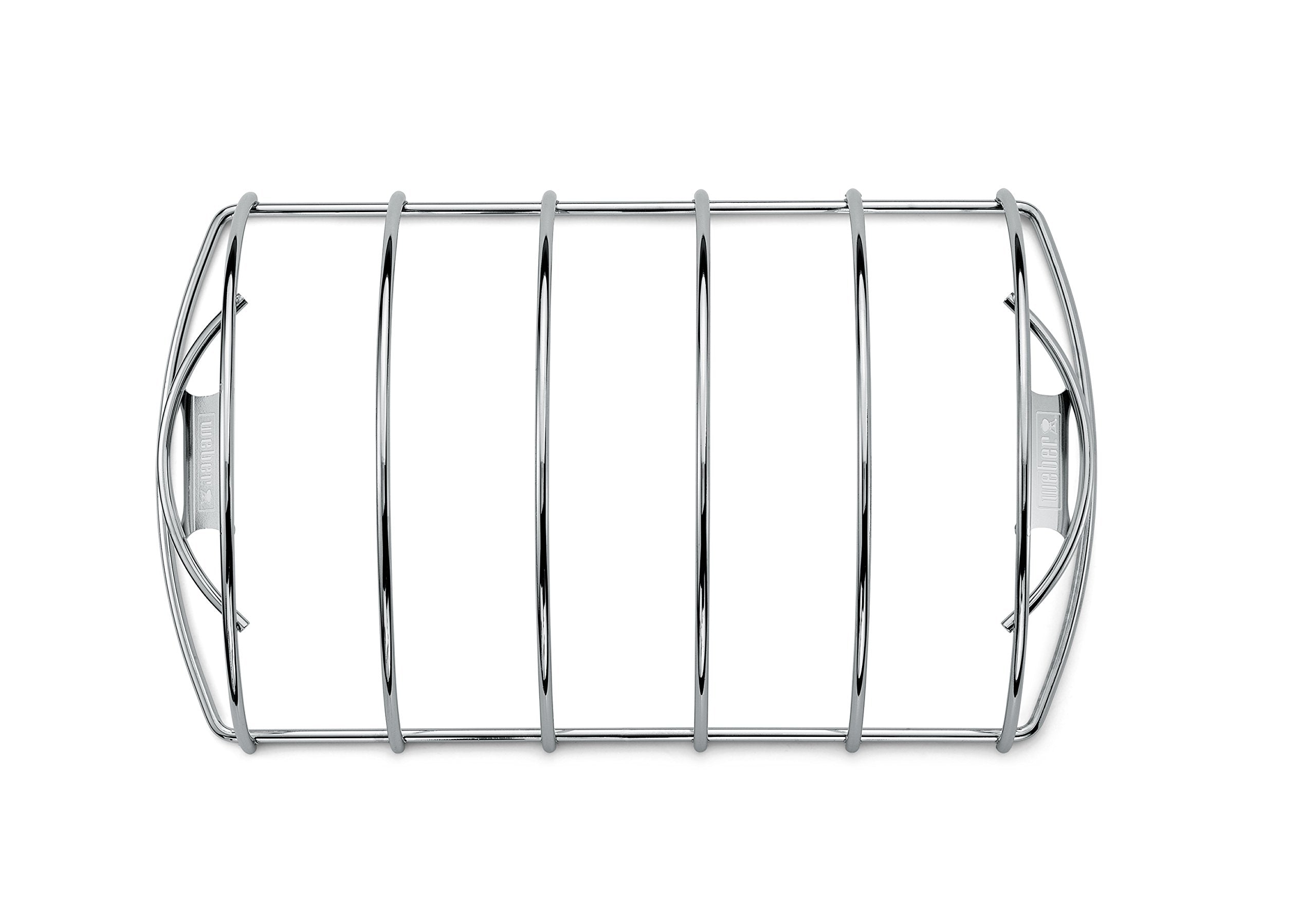 Weber Rib Rack holds five racks for efficient backyard grilling.