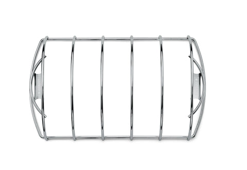Weber Rib Rack holds five racks for efficient backyard grilling.