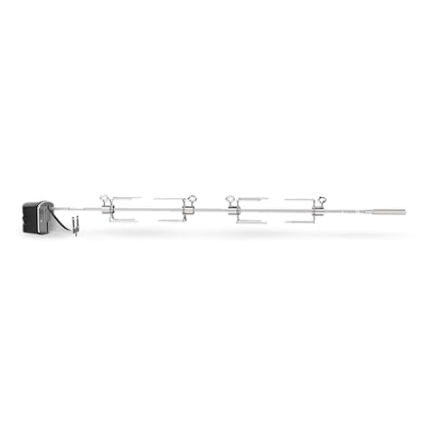 Weber rotisserie forks and hardware installed for secure cooking.