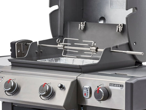 Weber rotisserie installation on Genesis II shows easy grill integration.