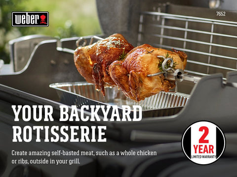 Weber rotisserie forks securely hold meat for stable turning.