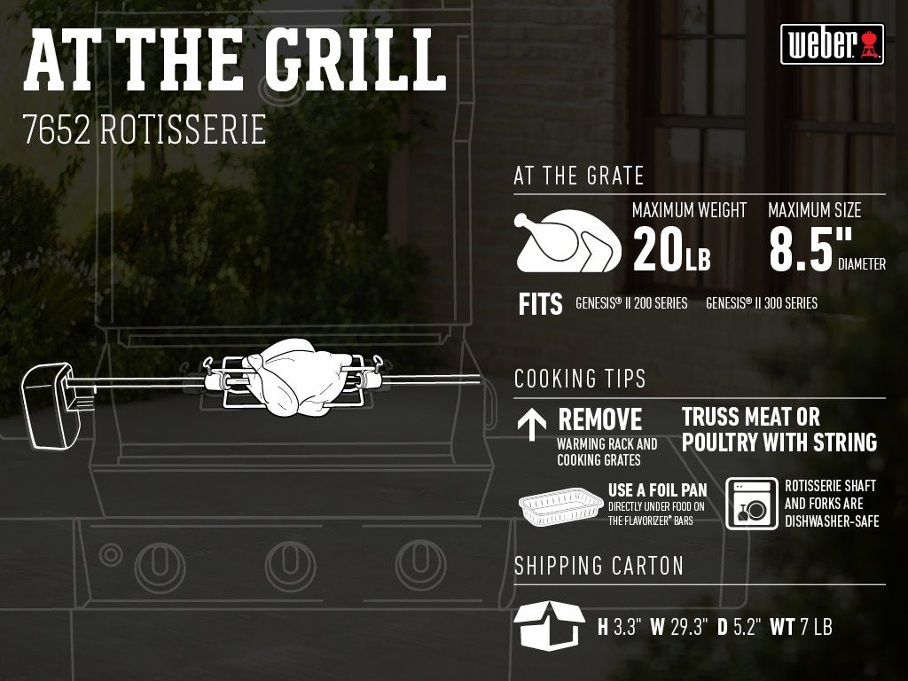Weber rotisserie motor unit powers steady rotation for juicy results.
