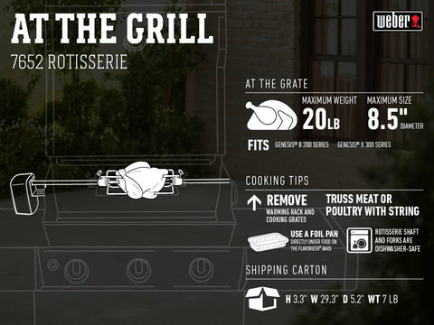Weber rotisserie motor unit powers steady rotation for juicy results.