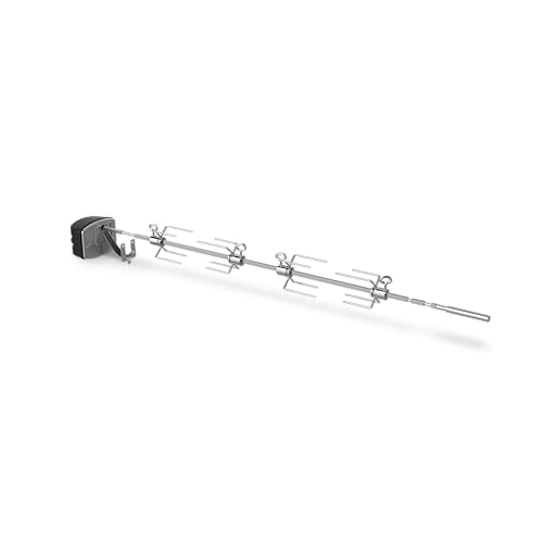 Weber rotisserie stainless shaft view, sturdy support for large or small cuts.